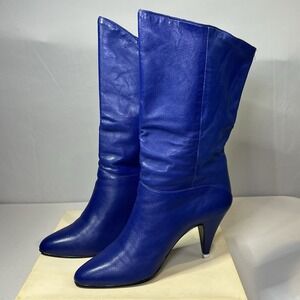 1980 90s Vintage Blue Leather Boots 6.5 M Country Market Dress Heels Slouch